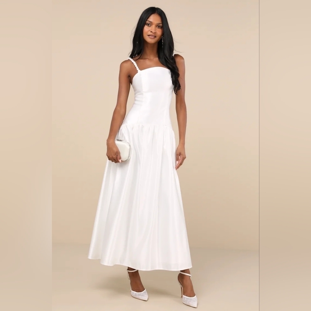 Lulus Modern Adoration White Satin Backless Lace-Up Maxi Dress Wedding Party - Picture 2 of 10